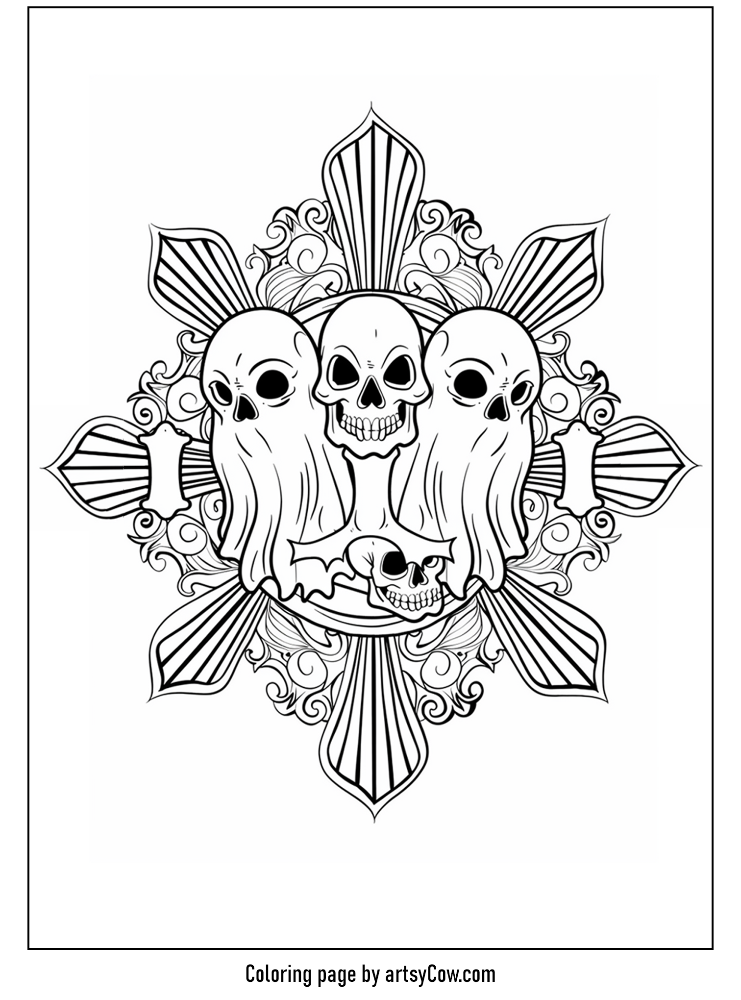 halloween ghost mandala featuring three skulls surrounded by intricate designs